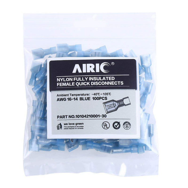 [Australia - AusPower] - AIRIC Female Spade Connector 16-14 Gauge 100PCS Nylon Fully Insulated Female Wire Quick Disconnects Spade Terminal Connectors Blue Female/100PCS Blue (16-14AWG) 