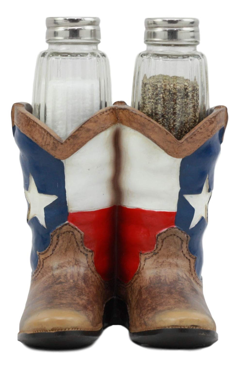 [Australia - AusPower] - Ebros Western Cowboy Or Cowgirl Texas Flag Boots Salt And Pepper Shakers Set With Decorative Resin Display Holder Figurine And Glass Shakers Kitchen Two Step Spice Decor 