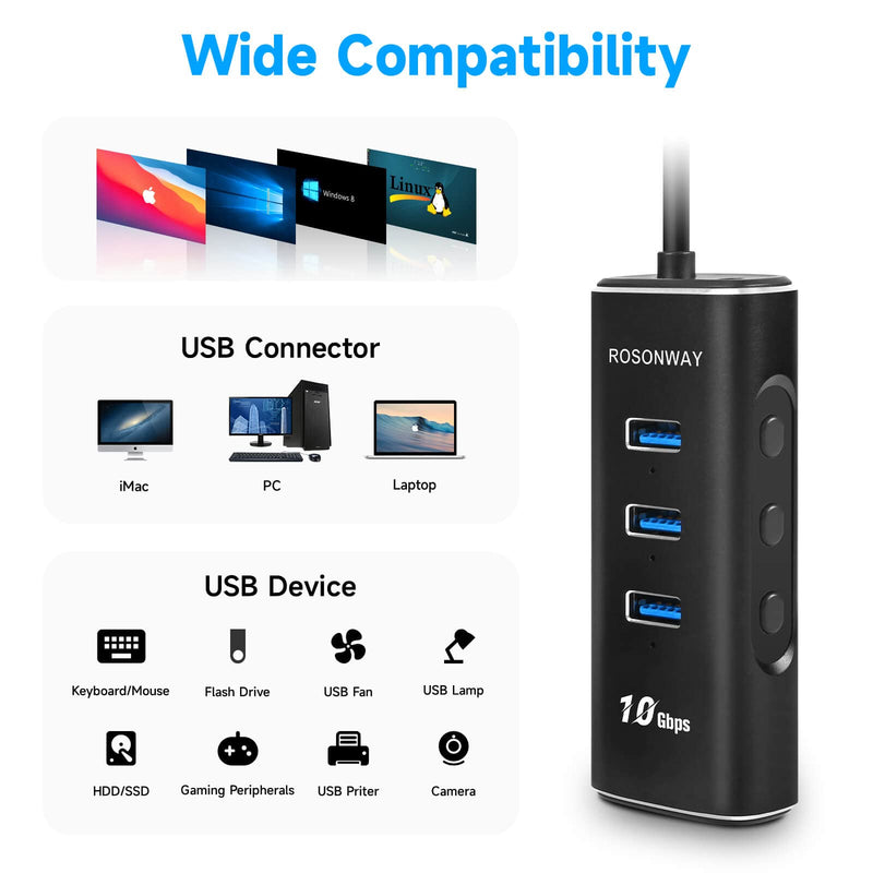 [Australia - AusPower] - Rosonway 5 in 1 USB C Hub with 3 USB 3.2 10Gbps Data Ports, SD/TF Card Readers, 2ft Cable and Individual Switches, for PC, Laptops, M1 Mac Mini, iMac, MacBook Pro/Air, RSH-A104D 