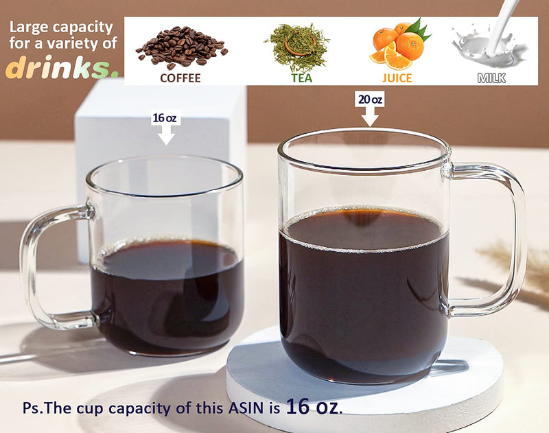 [Australia - AusPower] - Aquach Glass Mugs 16 oz Set of 2, Large Clear Glass Cup with Handle for Hot/Cold Coffee Tea Beverage, Thicker Quality 16 Ounce 