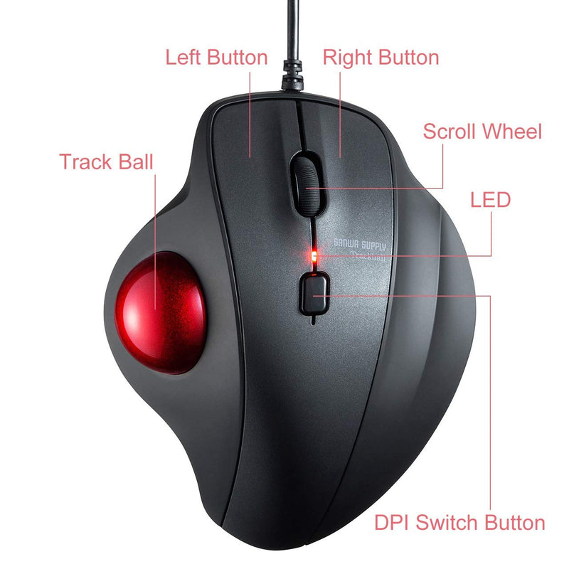 [Australia - AusPower] - SANWA Wired Ergonomic Trackball Mouse, Optical Vertical Rollerball Mice, Silent Buttons, 34mm Trackball, 600/800/1200/1600 Adjustable DPI, Compatible with MacBook, Laptop, Computer, Windows, macOS 