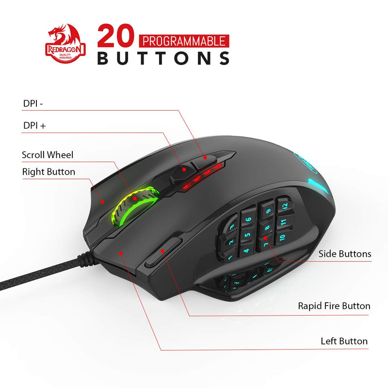 [Australia - AusPower] - Redragon M908 Impact RGB LED MMO Mouse with Side Buttons Optical Wired Gaming Mouse with 12,400DPI, High Precision, 20 Programmable Mouse Buttons Black Wired 