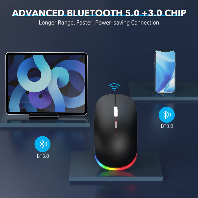 [Australia - AusPower] - Wireless Bluetooth Mouse, Deeliva Bluetooth 5.0 & 3.0 Mouse 2.4G Rechargeable Slim Silent Quiet LED USB Cordless Wireless Mouse for Laptop, MacBook, iPad, Android, Computer, Windows, PC (Black) Black Mouse for Laptop 