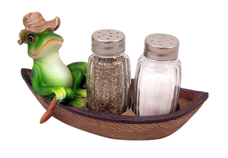[Australia - AusPower] - Croak Creek Canoe Resin Frog in Canoe Figurine with Glass Salt and Pepper Shaker Set Holder, 7 Inch 