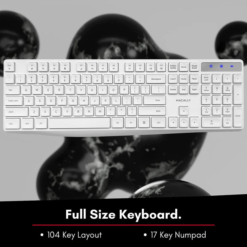 [Australia - AusPower] - Macally 2.4G USB Wireless Keyboard for Laptop or Computer - Keep it Simple - Full Size Keyboard with Numeric Keypad & 13 Shortcut Keys - Plug and Play PC Keyboard Wireless - White Keyboard Cordless 