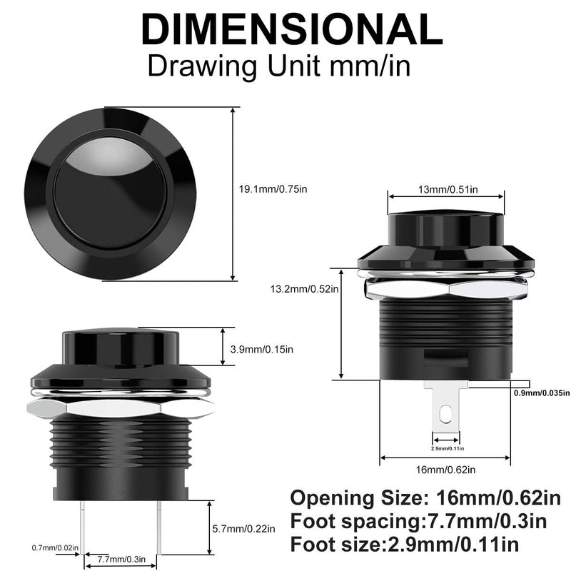 [Australia - AusPower] - DIYhz 20Pcs AC250V/3A AC125V/6A Off(ON) NO Lock Round Momentary Push Button Switch Black Cap 