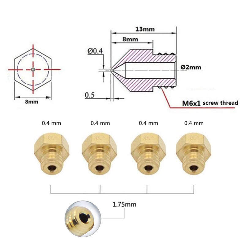 [Australia - AusPower] - YOTINO Update 0.4mm MK8 Brass Extruder Nozzle Print Heads and 30mm Length Extruder 1.75mm Nozzle Throat Tube for MK8 Makerbot Reprap 3D Printer (Value Bonus 2pcs Cleaning Drill Bits) 