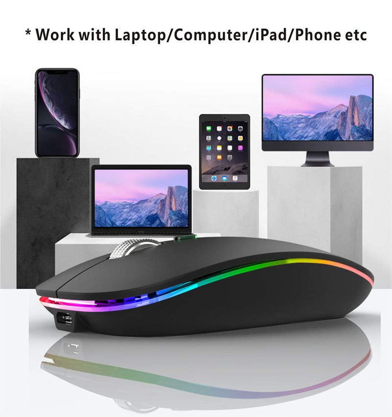 [Australia - AusPower] - TENMOS Wireless Bluetooth Mouse, LED Slim Dual Mode (Bluetooth 5.1 + USB) 2.4GHz Rechargeable Silent Bluetooth Wireless Mouse with Type C Adapter for Laptop/MacBook/iPad OS 13 and Above (Matte Black) Matte Black 