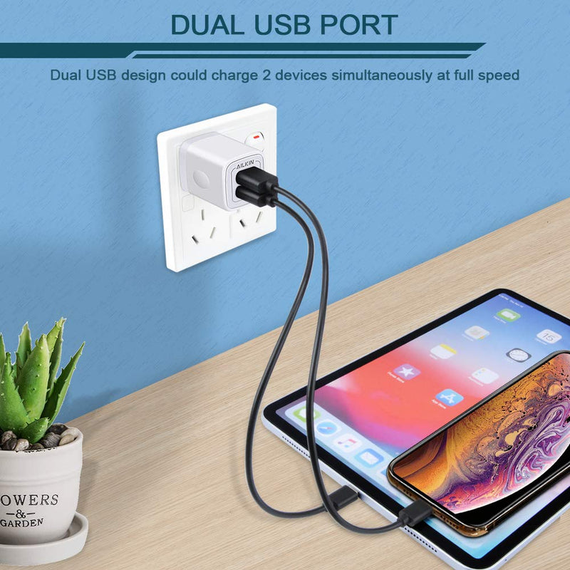 [Australia - AusPower] - USB Wall Charger, Charger Adapter, AILKIN 2-Pack 2.1Amp Dual Port Quick Charger Plug Cube for iPhone 13 12 11 Pro Max 10 SE X XS XR 8 Plus 7, Samsung Galaxy S21 S20 Power Block Fast Charging Box Brick White 