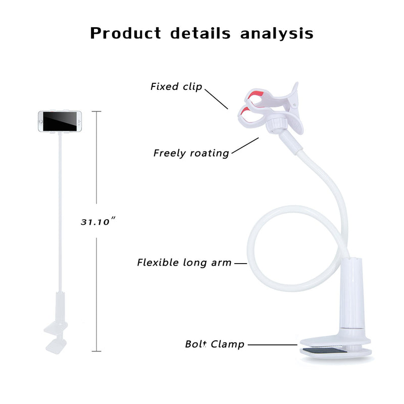 [Australia - AusPower] - AUXO-FUN Cell Phone Holder, Universal Lazy Bracket Mobile Phone Stand, Flexible Gooseneck Long Arm Clip (White) White 
