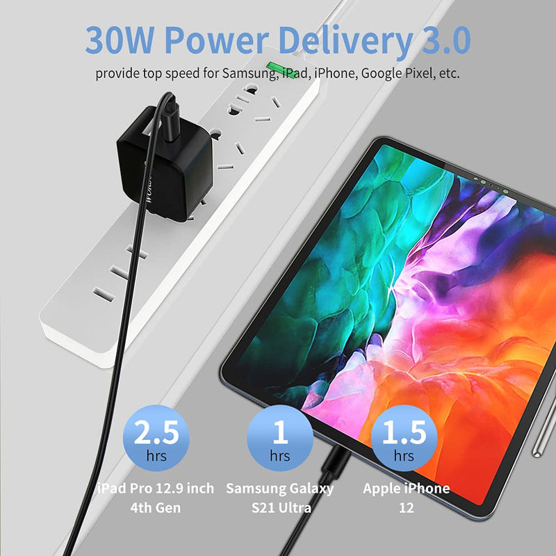 [Australia - AusPower] - Super Fast USB C Charger, 30W PD Dual Port Wall Charger Block Foldable Compatible for Samsung Galaxy S22 Ultra/Plus/S22/S21, Google Pixel 6 Pro/6, iPad, MacBook Air + 6.6Ft Type C to C Cable [2 Pack] Black 