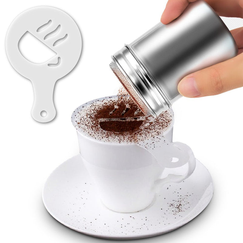 [Australia - AusPower] - 2 Stainless Steel Powder Shakers, SENHAI Mesh Shaker Powder Cans for Coffee Cocoa Cinnamon Powder with Lid, with 16 pcs Printing Molds Stencils 