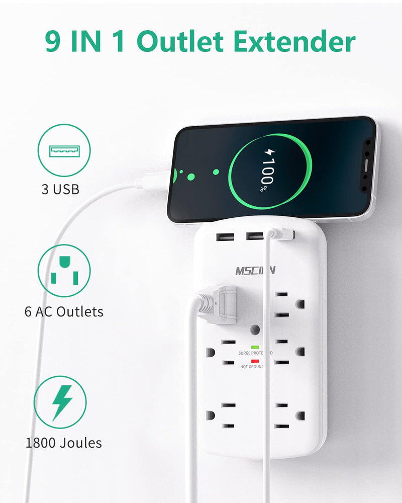 [Australia - AusPower] - Wall Outlet Extender Surge Protector, Mscien 6 AC Multi Plug Outlet Wall Adapter with 3 USB(3.4A Total), Wall Mount Power Strip Outlet Splitter for Home Dorm Office Travel, 1800 Joules, ETL Listed 