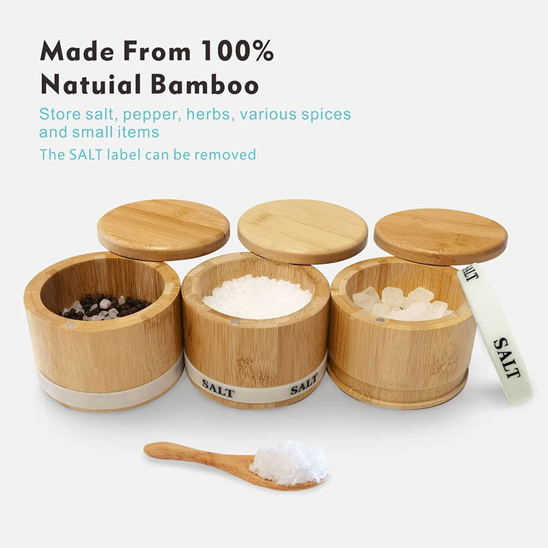 [Australia - AusPower] - ThougrLyh Bamboo Salt Box, Salt Box With Swivel Lid With Magnetic，Salt Cellar With Lid For Storing Salt, Herbs, Spices And Small Items Spice Box，Salt Bowls With Luminous (Salt box and spoon) salt box with spoon 