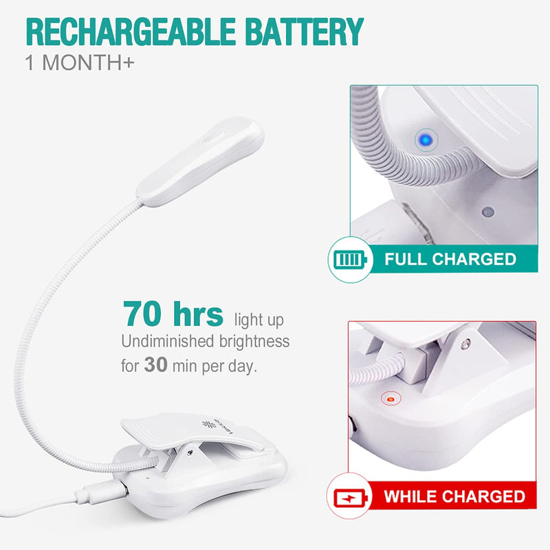 [Australia - AusPower] - Vekkia Rechargeable Book Light, 7 LED Reading Lights for Reading in Bed. 3 Color × 3 Brightness, Up to 70 Hours Lighting, Perfect for Readers, Kids & Travel (White) White 