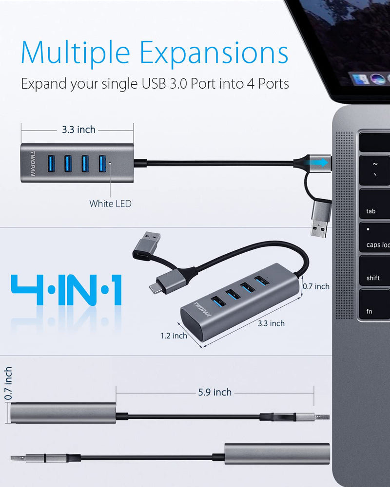 [Australia - AusPower] - TWOPAN USB to USB Hub & USB C Hub T1-AC, USB C to USB 3.0 High Speed Ports Hub, 4-Port USB 3.0 Hub Adapter for MacBook, Tablet and Smartphone, Space Gray(Gray AC) Gray AC 
