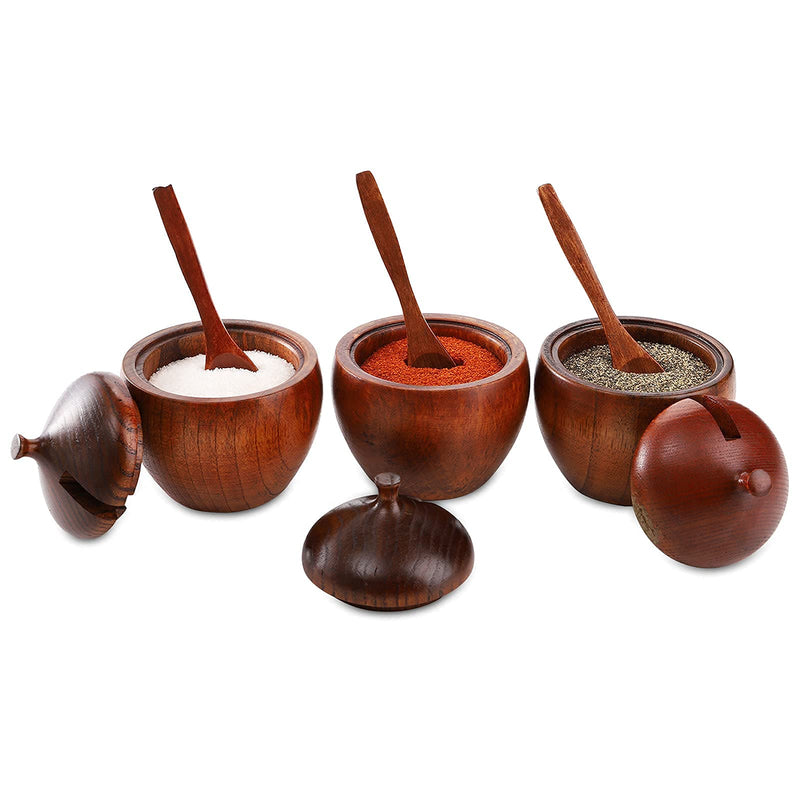 [Australia - AusPower] - DEAYOU 3 Pack Wooden Salt Box with Lid and Spoon, Natural Wood Spice Pepper Containers Cellars, Round Sugar Condiment Bowls Storage Jars Keepers for Seasoning, Chili Powder 