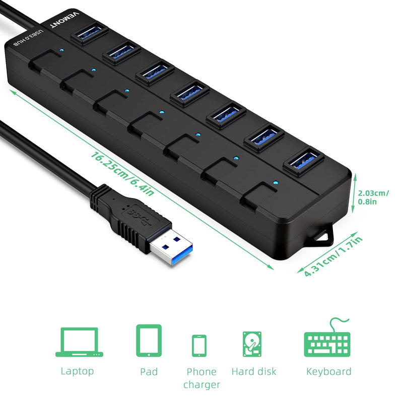 [Australia - AusPower] - USB hub 3.0,7-Port USB Hub,VEMONT 3.0 USB Splitter with Individual On/Off Switches and Lights, 4ft/1.2m Long Cable USB Extension for Laptop and PC Computer 4ft Black 