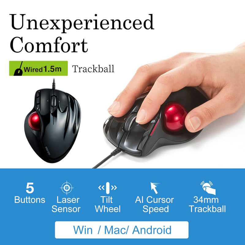 [Australia - AusPower] - SANWA Wired Ergonomic Trackball Mouse, Computer Rollerball Mice, Laser Sensor, 34mm Trackball, 400/800/1200/1600 Adjustable DPI, 5 Buttons, Compatible with MacBook, Laptop, Windows, macOS, Chrome OS 