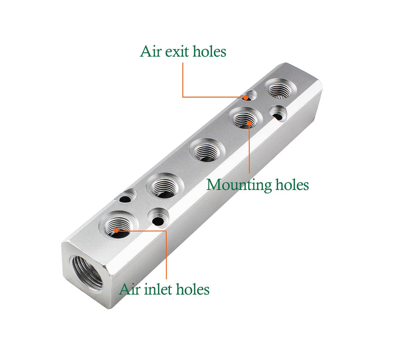 [Australia - AusPower] - LDEXIN 5 Way Pneumatic Manifold Air Distribution Block, Compressed Air Manifold Pneumatic Block, Air Coupler Fast Connector for Pneumatic Air Compressor, Silver 