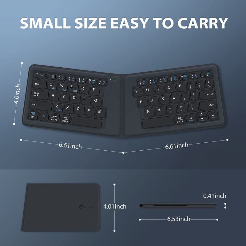 [Australia - AusPower] - Portable Keyboard, iClever BK06 Foldable Bluetooth Keyboard, Multi-Device Wireless Folding Keyboard, Ultra Slim Ergonomic Design with Stand Holder for iPhone, iPad, Smartphone, Tablet, Laptop 