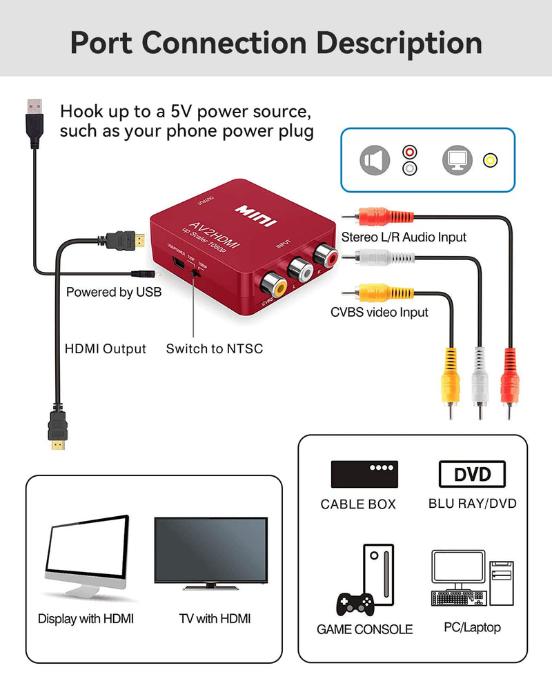 [Australia - AusPower] - ABLEWE RCA to HDMI,AV to HDMI Converter, 1080P Mini RCA Composite CVBS Video Audio Converter Adapter Supporting PAL/NTSC for TV/PC/ PS3/ STB/Xbox VHS/VCR/Blue-Ray DVD Players, Red 