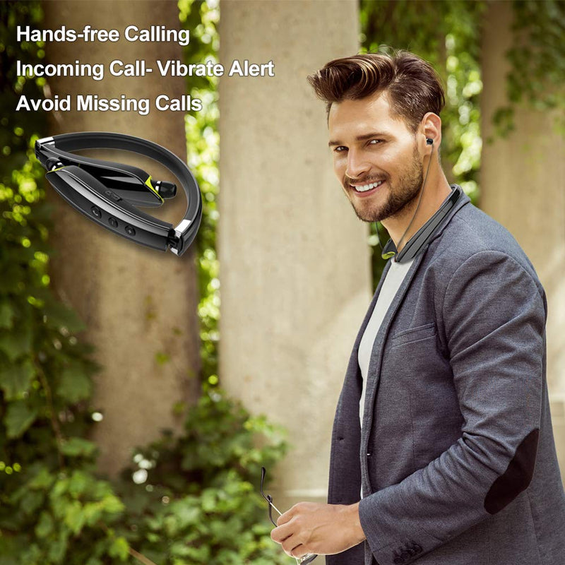 [Australia - AusPower] - Bluetooth Headphones, BEARTWO Upgraded Foldable Wireless Neckband Headset with Retractable Earbuds, Noise Cancelling Stereo Earphones with Mic for Workout, Running, Driving (with Carry Case) Black 