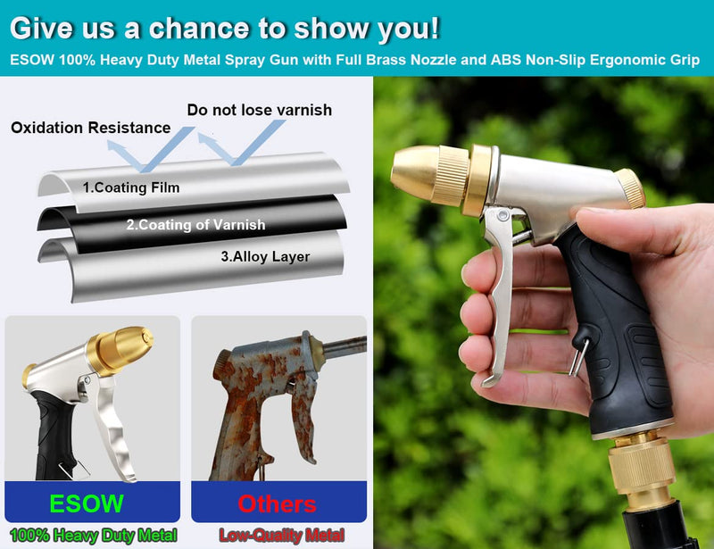 [Australia - AusPower] - ESOW Garden Hose Nozzle 100% Heavy Duty Metal, Full Brass Nozzle & ABS Non-slip Ergonomic Grip, 4 Watering Patterns, High Pressure Metal Spray Gun for Watering Plants, Car Wash and Showering Dog 4 Spray Modes 