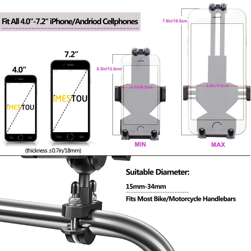 [Australia - AusPower] - iMESTOU Aluminium Motorcycle Phone Mount U-Bolt Handlebar 1" Ball Stem Cellphone Holder 360 Rotating with Length Width Adjustable Universal for Max.7.2 inch Large Phones Sturdily 