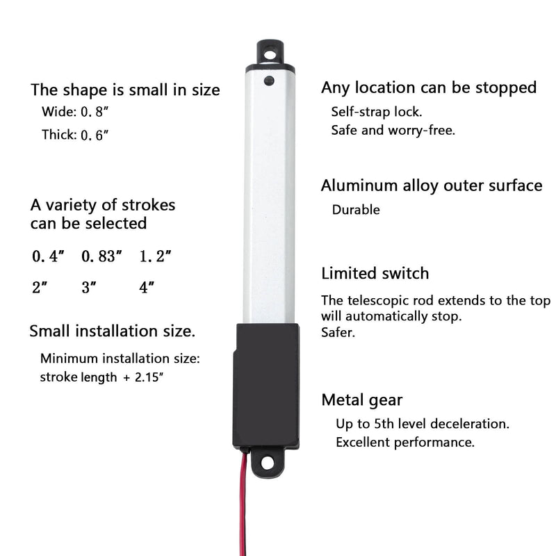 [Australia - AusPower] - JQDML Mini Micro Linear Actuator Metal Gear 12V, Stroke 3 inch, Pushing Force 42.2 lbs Speed 0.2"/sec, Weight: 0.16lbs, for Cabinets Robotics Home Automation and Toys (3 inch, 42.2 lbs) 