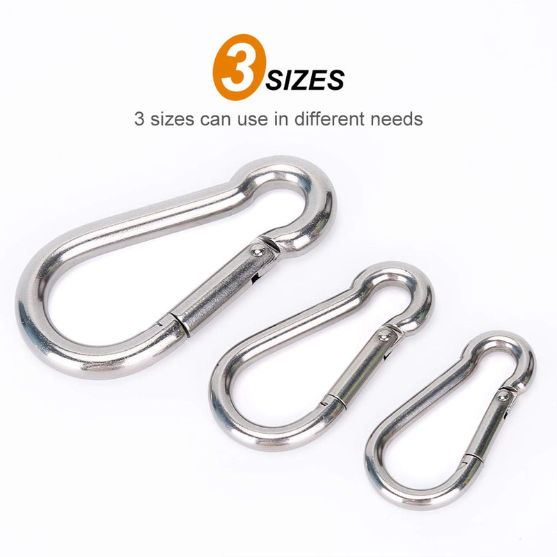 [Australia - AusPower] - 6PCS Spring Snap Hooks Carabiner- 304 Premium Stainless Steel Heavy Duty Carabiner Clips Assorted Sizes (2, 2.36, 3.15 inch) for Camping, Fishing, Hiking, Traveling, Backpack, Keychain; Silver 