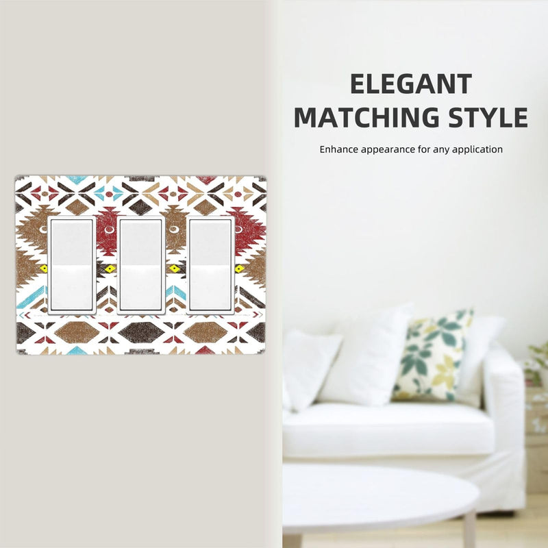 [Australia - AusPower] - Brown Red Abstract Retro Tribal Navajo Aztec Ethnic Colorful Boho Modern Geometric 3 Gang Triple Rocker/GFCI Light Switch Wall Plate Cover Electrical Faceplate Southwestern Aztec Room Decor Screwless 3 Gang Rocker/GFCI Screwless 