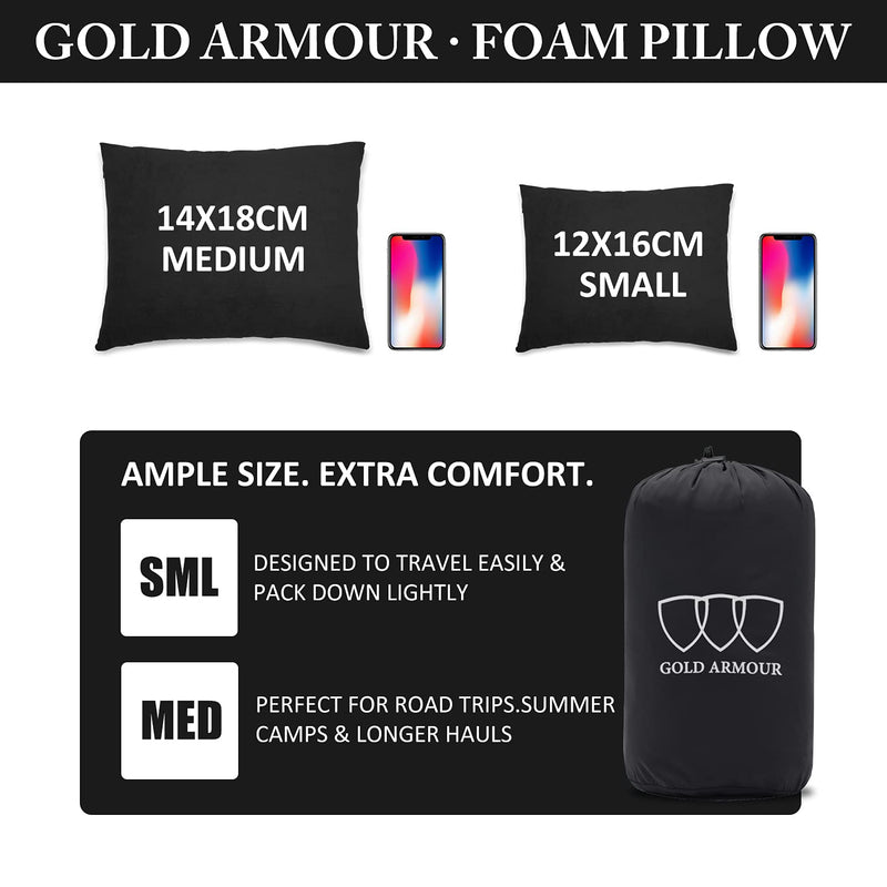 [Australia - AusPower] - Gold Armour Camping Pillow Memory Foam - Compact Compressible Backpacking, Hammock, and Travel Pillows for Kids and Adults - Essential Outdoor & Camping Gear (Medium 14x18in, Black) Medium (Pack of 1) 