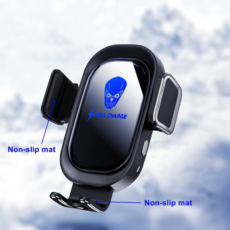 [Australia - AusPower] - SKULL CHARGE【Skull Atmosphere Light】 Wireless Car Charger, Qi 15W Super Fast Charging, Car Phone Holder Auto-Clamping, Air Vent Dashboard Car Mount, Long Arm Hands Free Cell Phone Holder (Blue Light) Blue Light 