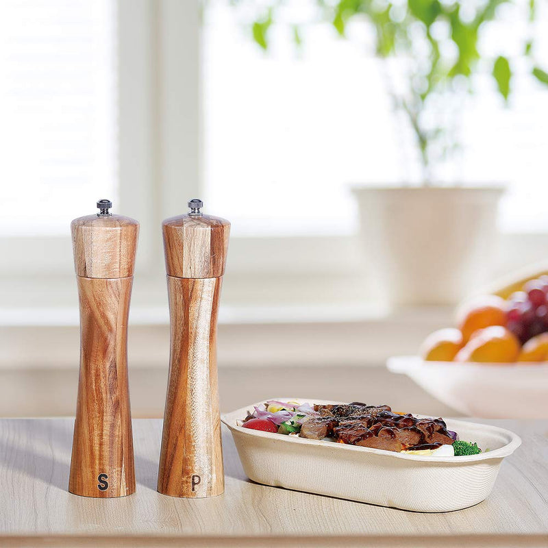 [Australia - AusPower] - Wooden Salt and Pepper Grinder Set, Manual Pepper Grinder with Wood Spoon, Adjustable Coarseness and 3OZ Capacity for Kitchen, Pack of 2 