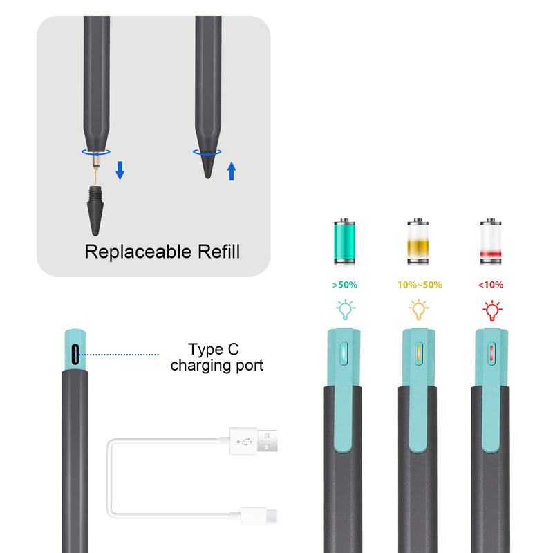 [Australia - AusPower] - Stylus Pen for iPad with Palm Rejection, Tilt Support, Magnetic, Rechargeable Pencil for 2018-2022 Apple iPad Pro 12.9/11 Inch, iPad Air 3rd/4th/5th, iPad 6/7/8/9th, iPad Mini 5/6th Generation Grey 