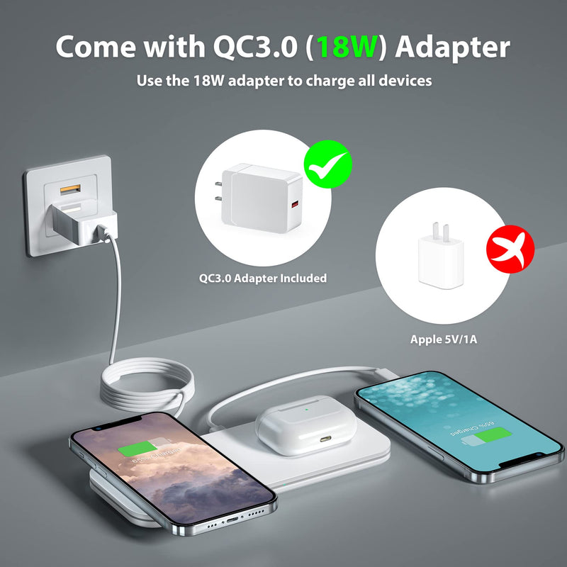[Australia - AusPower] - Wireless Charger, 3 in 1 Wireless Charging Station with 18W Adapter, Qi-Certified 10W Max Fast Wireless Charging Pad/Dock for iPhone 13/12/11/X/8 Series, Samsung Galaxy, Airpods 3/Airpods Pro-White White 