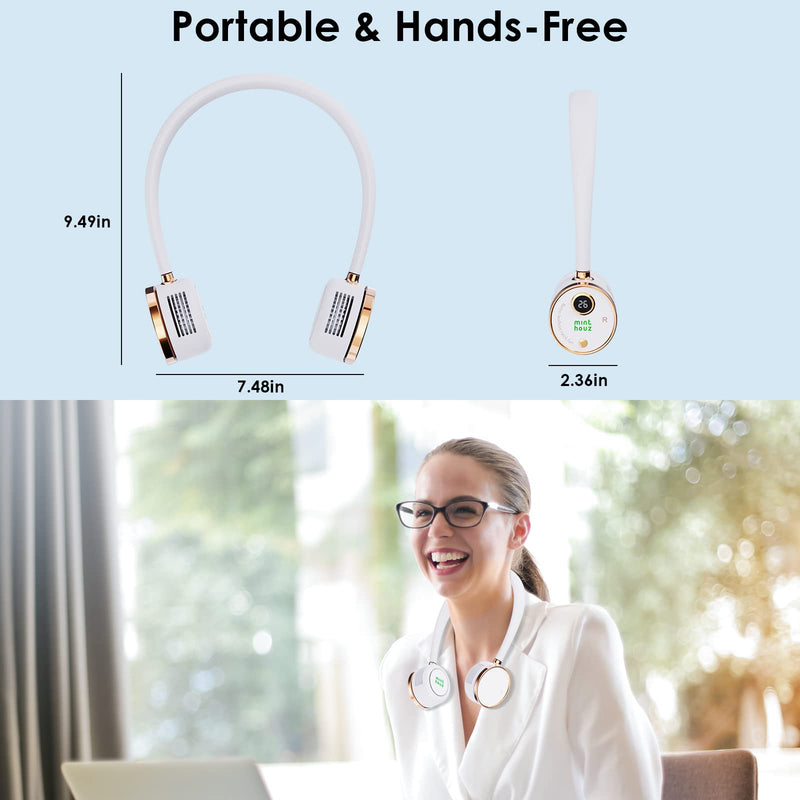[Australia - AusPower] - Minthouz Portable Neck Fan, USB-C Powered Digital Display Bladeless Fan, 3 Speeds Wearable Personal Fan, 2000mAh Rechargeable Battery Operated Fan for Outdoor, Home, Office - White 
