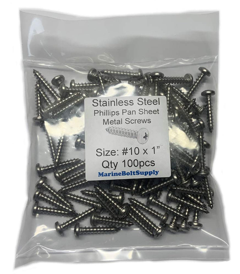 [Australia - AusPower] - #10 x 1" Stainless Steel Pan Head Sheet Metal Screws, Full Thread, Phillips Drive, Bright Finish, Self-Tapping, Quantity 100 Pieces by Marine Bolt Supply 