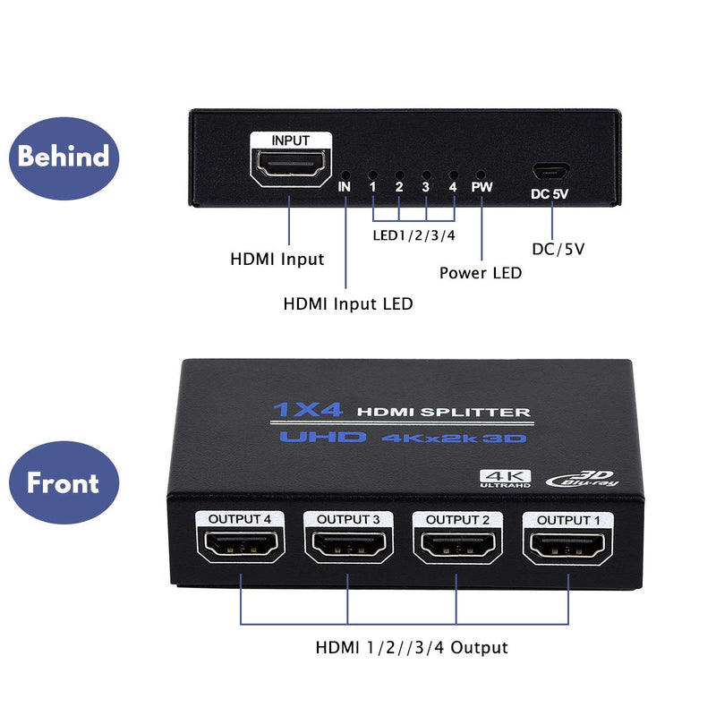[Australia - AusPower] - 1x4 HDMI Splitter, 1 in 4 Out HDMI Splitter Audio Video Distributor Box Support 3D & 4K x 2K Compatible for HDTV, STB, DVD, PS3, Projector Etc 