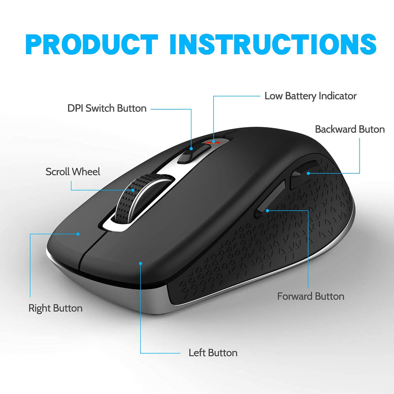 [Australia - AusPower] - Wireless Mouse 2.4G Noise-Free Cordless Mouse 5 Adjustable DPI (up to 2400) 6 Buttons Portable Computer Silent Mouse with USB Nano Receiver, Suitable for Laptops Computers Macs Laptops (Black) 1 Park Black 