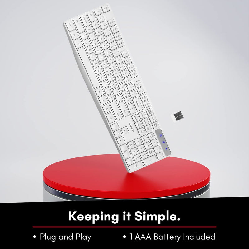[Australia - AusPower] - Macally 2.4G USB Wireless Keyboard for Laptop or Computer - Keep it Simple - Full Size Keyboard with Numeric Keypad & 13 Shortcut Keys - Plug and Play PC Keyboard Wireless - White Keyboard Cordless 