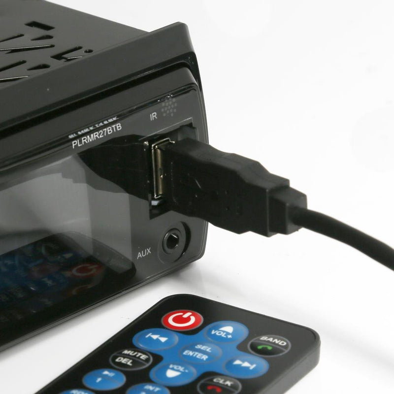 [Australia - AusPower] - Pyle Bluetooth Marine Receiver Stereo - 12v Single DIN Style Boat In dash Radio Receiver System with Digital LCD, RCA, MP3, USB, SD, AM FM Radio - Remote Control, Wiring Harness - PLRMR27BTB (Black) 
