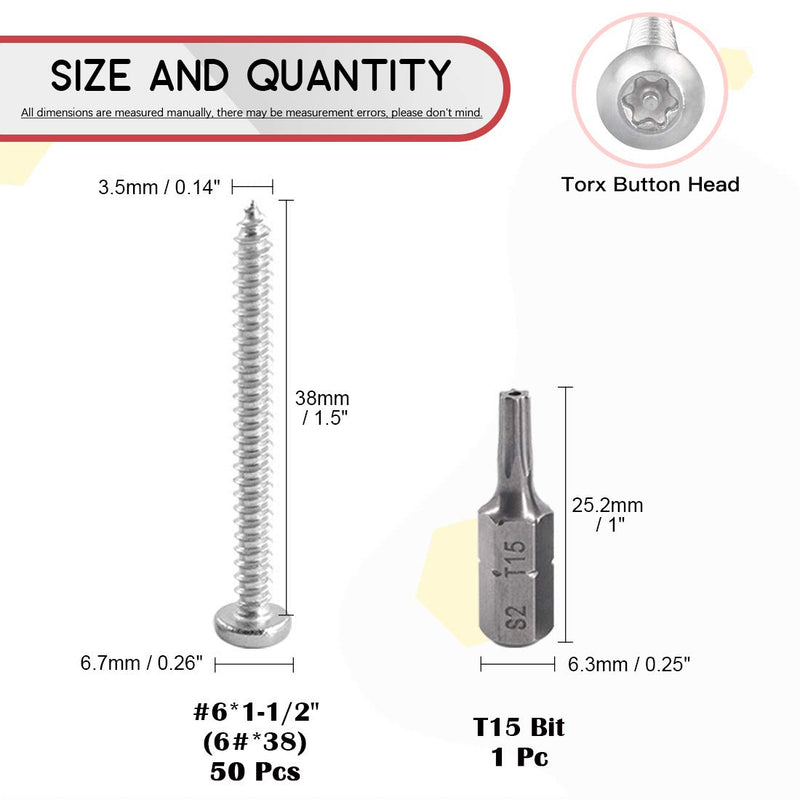 [Australia - AusPower] - Hilitchi 50Pcs #6 x 1 1/2" Stainless Steel Button Head Torx Silver Security Screws Sheet Metal Screws Anti-Theft Tamper Proof with Bit T15 #6 x 1 1/2"-50Pcs 