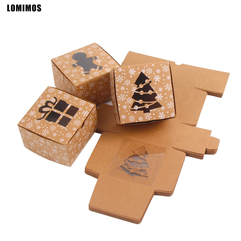 [Australia - AusPower] - LOMIMOS Christmas Bakery Boxes with PVC Window,Hollowed-out Kraft Cardboard Boxes for Cookies, Brownies, Gift-Giving Packaging,24PCS 001 