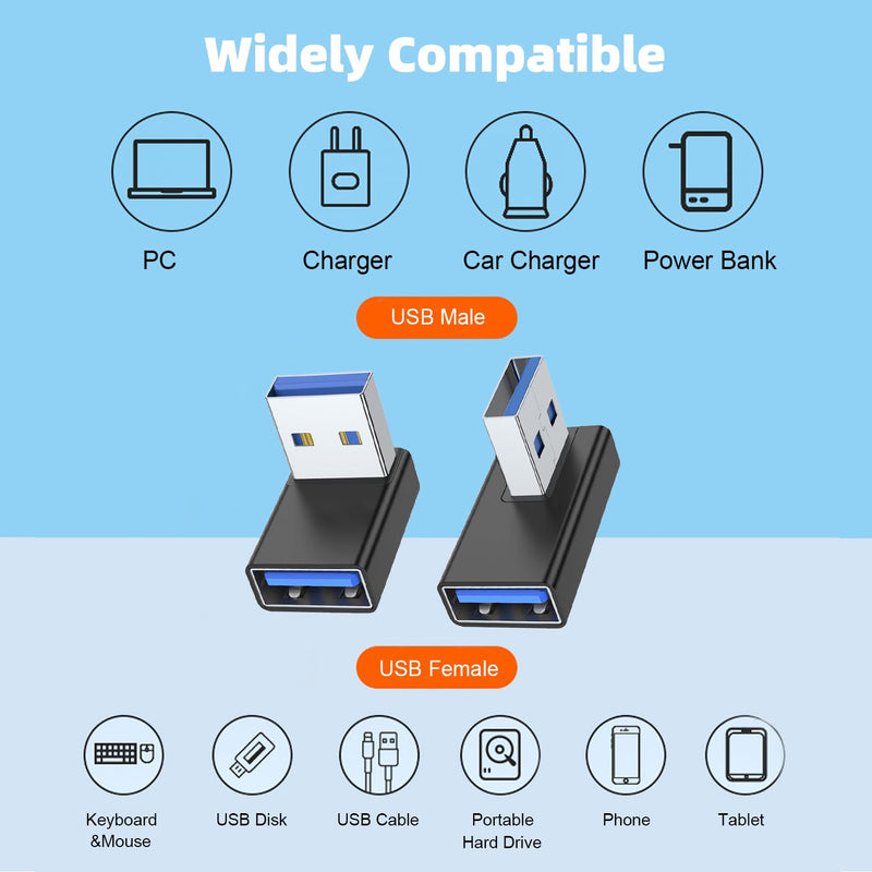 [Australia - AusPower] - AreMe 90 Degree USB 3.0 Adapter 4 Pack, Up and Down Angle, Left and Right Angle USB A Male to Female Converter Extender for PC, Laptop, USB A Charger, Power Bank and More (Black) Black 