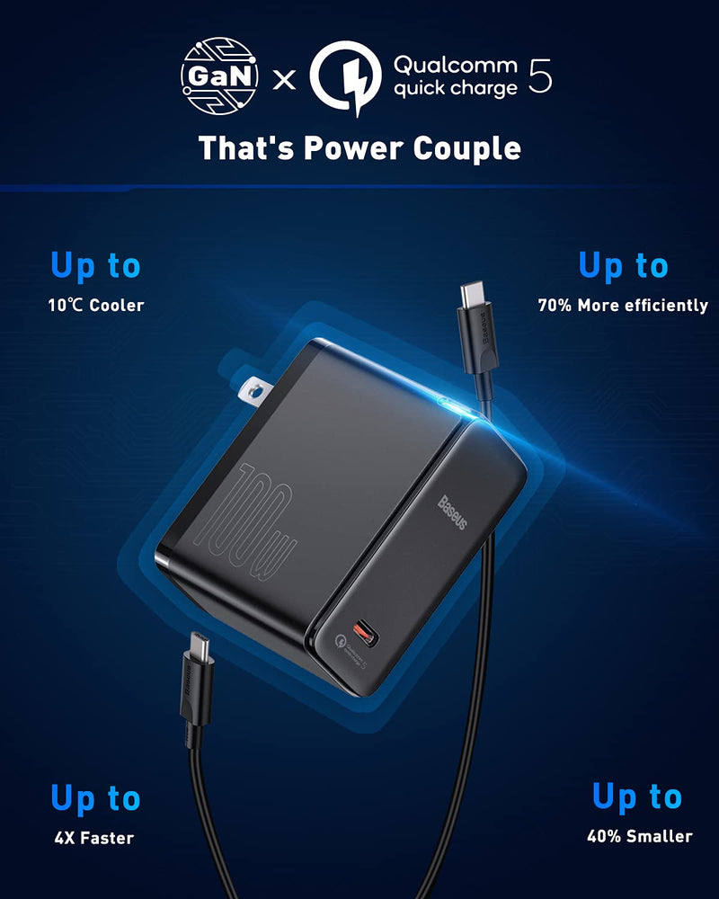 [Australia - AusPower] - USB C Charger, Baseus 100W GaN II Fast Charger, Quick Charge 5.0 Compact Charger with 100W USB C Cable, for MacBook Pro/Air, Laptops with Type-C, iPad, iPhone 13/13 Pro/12/11/XR/XS, Samsung, Black 