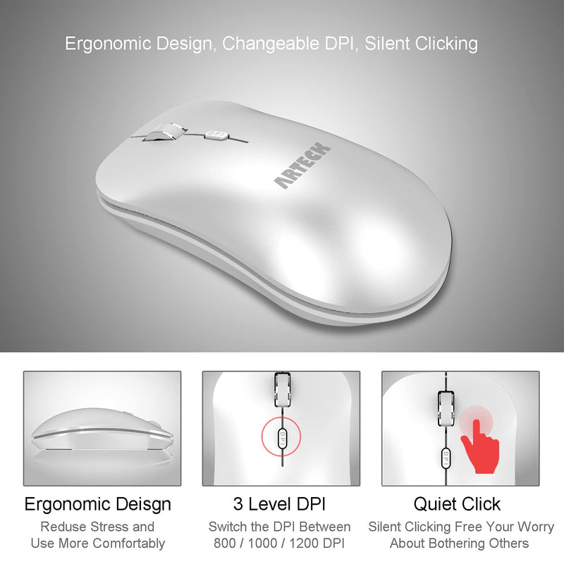 [Australia - AusPower] - Arteck 2.4G Wireless Mouse with Nano USB Receiver Ergonomic Design Silent Clicking for Computer / Desktop / PC / Laptop and Windows 10/8/7 Build in Rechargeable Battery - White 