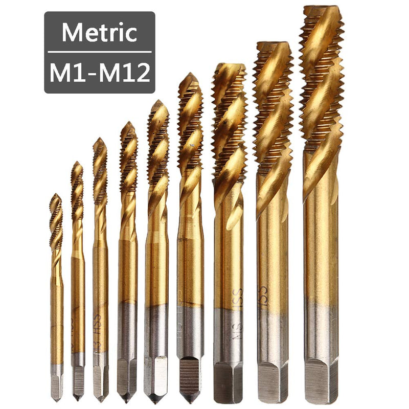 [Australia - AusPower] - Yakamoz 9pcs Machine Screw Tap Set Titanium Spiral Flute Drill Taps Metric M2 M2.5 M3 M4 M5 M6 M8 M10 M12 Thread Tapping Tool 