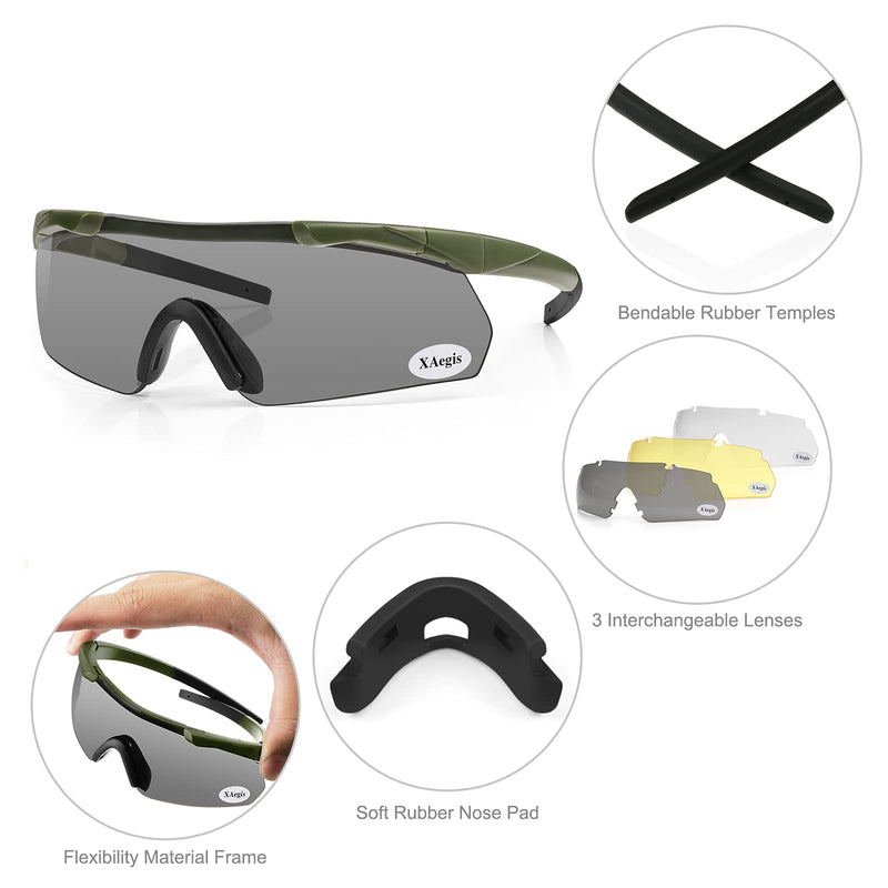 [Australia - AusPower] - Xaegistac Tactical Shooting Glasses with 3 Interchangeable Lens High Impact Eye Protection Armygreen 